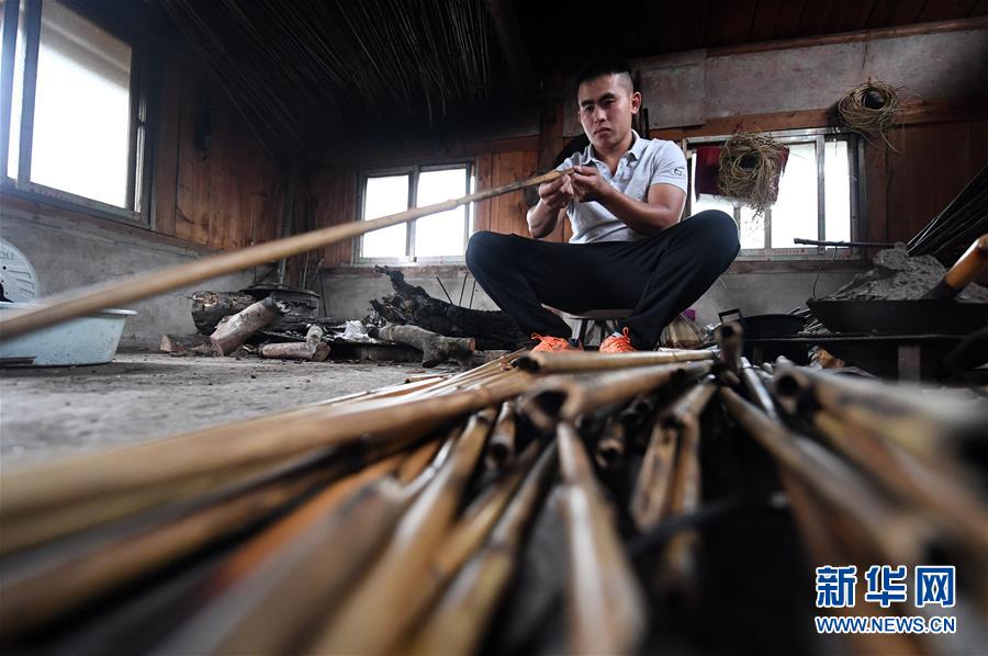 杜信文在挑選熏幹的竹子準備做蘆笙。